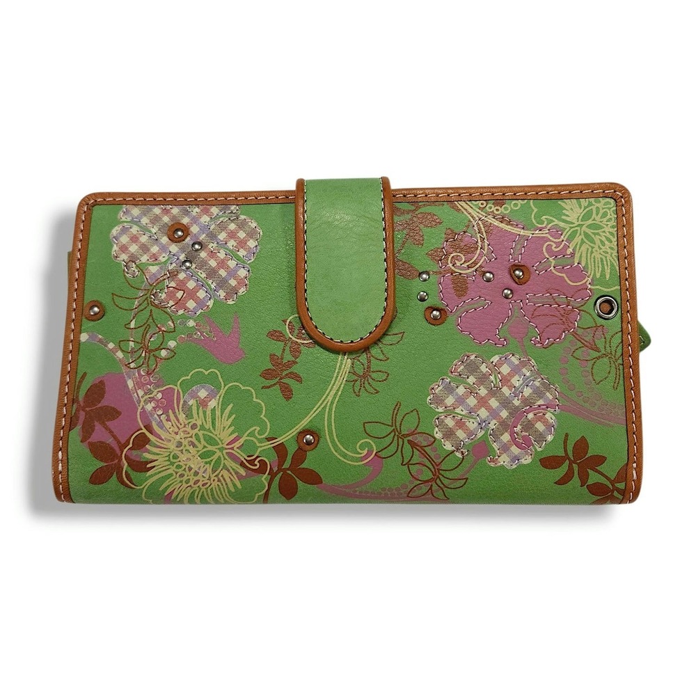 Fossil Floral Leather Wallet Organizer Checkbook ID Window Floral Green Brown OS